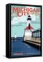 Indiana - Michigan City Lighthouse-Lantern Press-Framed Stretched Canvas