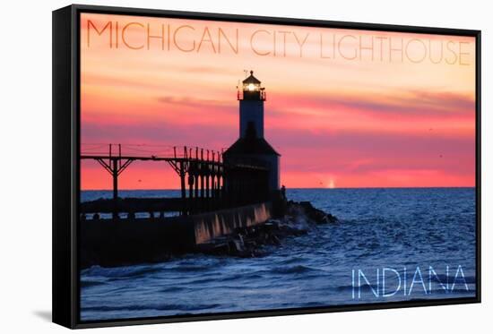 Indiana - Michigan City Lighthouse-Lantern Press-Framed Stretched Canvas