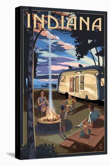 Indiana - Retro Camper and Lake-Lantern Press-Stretched Canvas