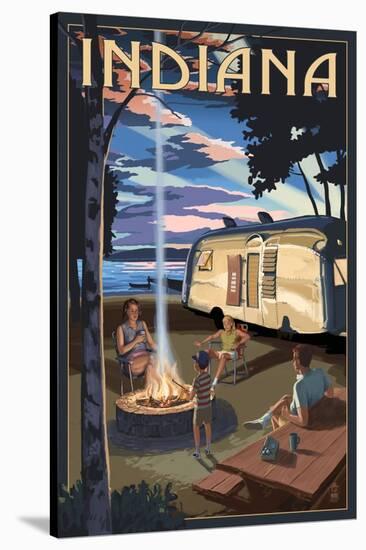 Indiana - Retro Camper and Lake-Lantern Press-Stretched Canvas