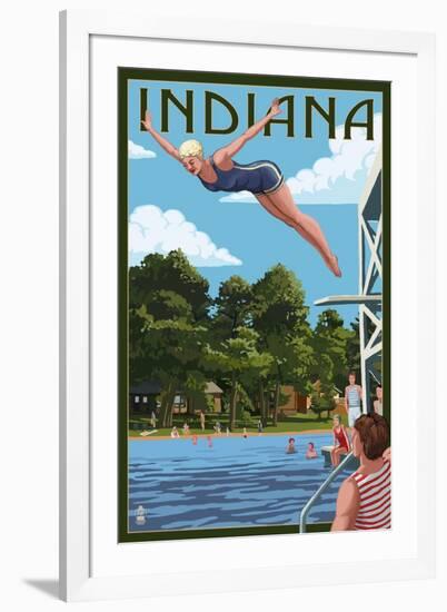 Indiana - Woman Diving and Lake-Lantern Press-Framed Art Print