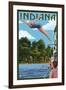 Indiana - Woman Diving and Lake-Lantern Press-Framed Art Print