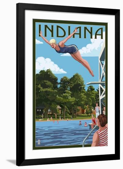 Indiana - Woman Diving and Lake-Lantern Press-Framed Art Print