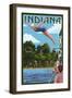 Indiana - Woman Diving and Lake-Lantern Press-Framed Art Print