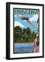 Indiana - Woman Diving and Lake-Lantern Press-Framed Art Print