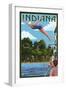 Indiana - Woman Diving and Lake-Lantern Press-Framed Art Print