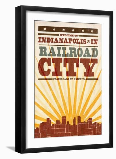 Indianapolis, Indiana - Skyline and Sunburst Screenprint Style-Lantern Press-Framed Art Print