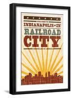 Indianapolis, Indiana - Skyline and Sunburst Screenprint Style-Lantern Press-Framed Art Print