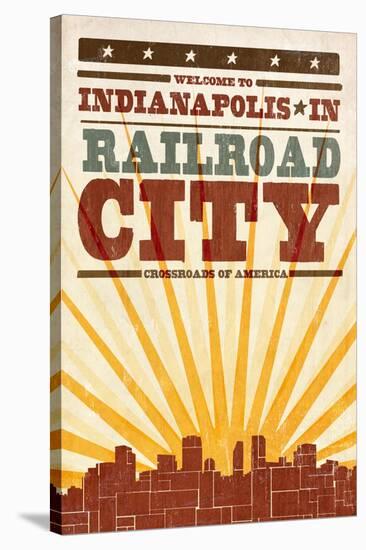 Indianapolis, Indiana - Skyline and Sunburst Screenprint Style-Lantern Press-Stretched Canvas