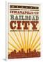 Indianapolis, Indiana - Skyline and Sunburst Screenprint Style-Lantern Press-Framed Art Print