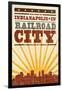 Indianapolis, Indiana - Skyline and Sunburst Screenprint Style-Lantern Press-Framed Art Print