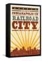 Indianapolis, Indiana - Skyline and Sunburst Screenprint Style-Lantern Press-Framed Stretched Canvas