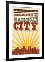 Indianapolis, Indiana - Skyline and Sunburst Screenprint Style-Lantern Press-Framed Art Print