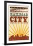 Indianapolis, Indiana - Skyline and Sunburst Screenprint Style-Lantern Press-Framed Art Print