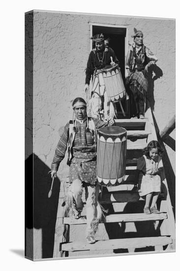 Indians Descending Wooden Stairs Carrying Drums, Dance San Ildefonso Pueblo New Mexico 1942-Ansel Adams-Stretched Canvas