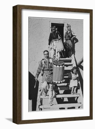 Indians Descending Wooden Stairs Carrying Drums, Dance San Ildefonso Pueblo New Mexico 1942-Ansel Adams-Framed Art Print