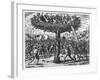Indians in a Tree Hurling Projectiles at the Spanish-Theodor de Bry-Framed Giclee Print