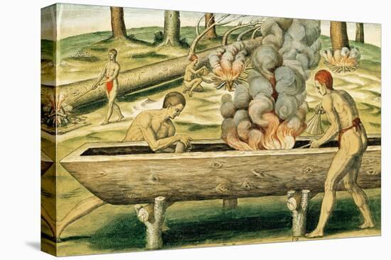 Indians Making a Dugout Canoe, from "Admiranda Narratio...", Published by Theodore de Bry-Theodor de Bry-Stretched Canvas