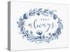 Indigo Floral Pray Always-Yachal Design-Stretched Canvas