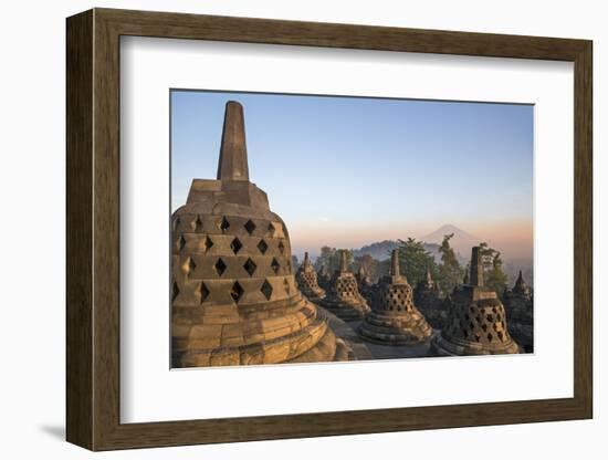 Indonesia, Java, Borobudur. Early Morning Sun Shines on the Dormant Stratovolcano-Nigel Pavitt-Framed Photographic Print