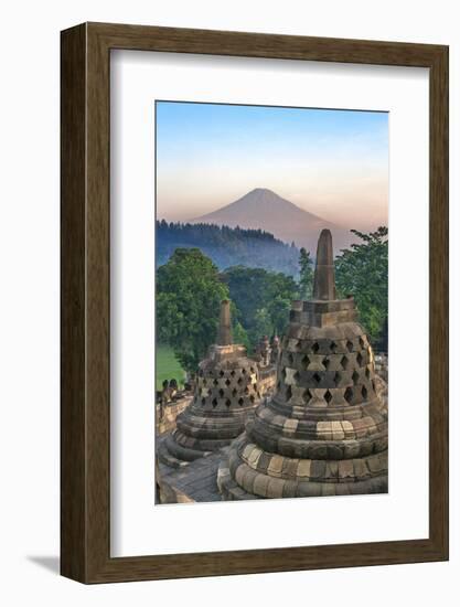 Indonesia, Java, Borobudur. Early Morning Sun Shines on the Dormant Stratovolcano-Nigel Pavitt-Framed Photographic Print