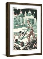 Industrious Boy Mowing Lawn-null-Framed Art Print