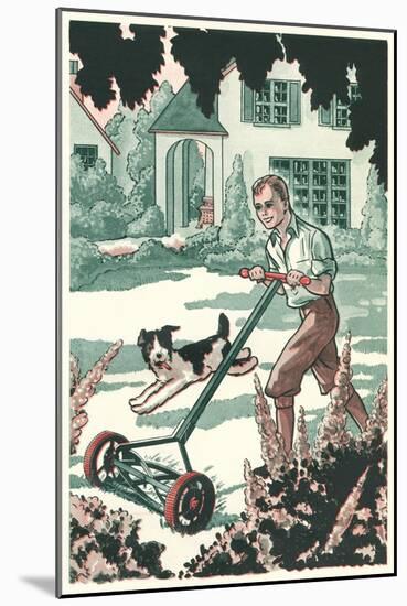 Industrious Boy Mowing Lawn-null-Mounted Art Print