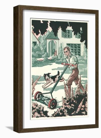Industrious Boy Mowing Lawn-null-Framed Giclee Print