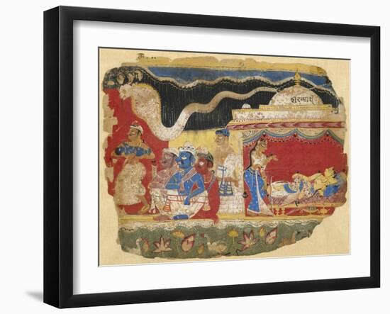 Infant Krishna Spirited Away by Vasudev, from the Dispersed Bhagavatapurana manuscript, circa 1520-Indian School-Framed Giclee Print