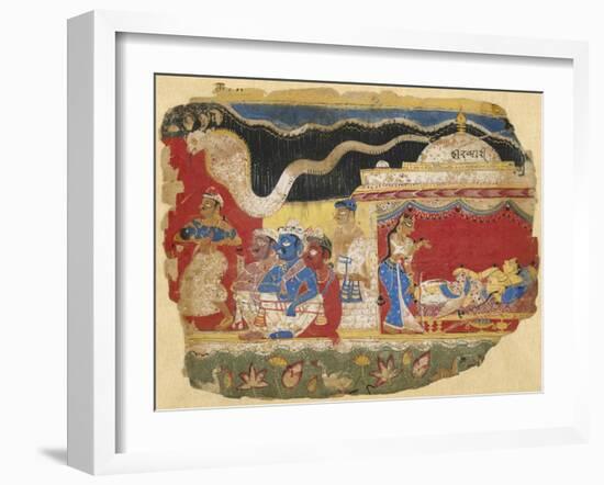 Infant Krishna Spirited Away by Vasudev, from the Dispersed Bhagavatapurana manuscript, circa 1520-Indian School-Framed Giclee Print