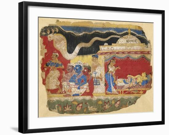 Infant Krishna Spirited Away by Vasudev, from the Dispersed Bhagavatapurana manuscript, circa 1520-Indian School-Framed Giclee Print