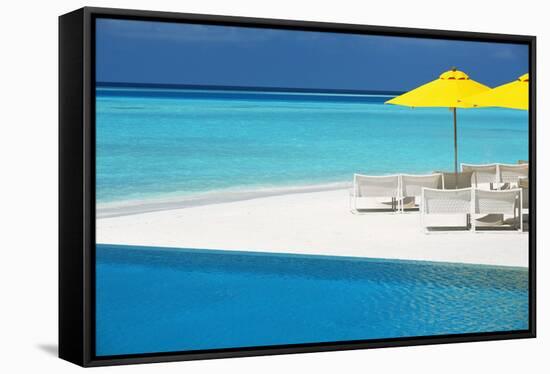 Infinity Pool and Lounge Chairs, Maldives, Indian Ocean, Asia-Sakis Papadopoulos-Framed Stretched Canvas