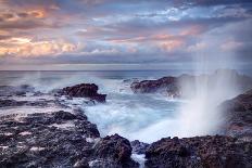 Scenic View of Blowhole on Rocky Coastline with Sunset Cloudscape Background, Reunion Island.-infografick-Framed Stretched Canvas