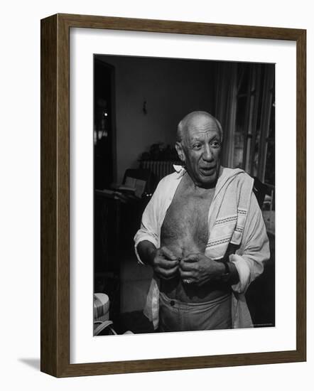 Informal Portrait of Artist Pablo Picasso at Notre Dame de Vie, His Home in Mougins-Gjon Mili-Framed Premium Photographic Print