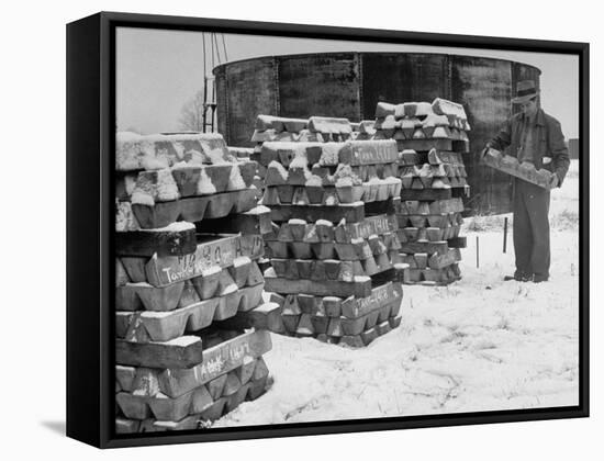 Ingot of Magnesium, Part of the U.S. Strategic Materials Stockpile, Stacked and Covered with Snow-Ed Clark-Framed Stretched Canvas