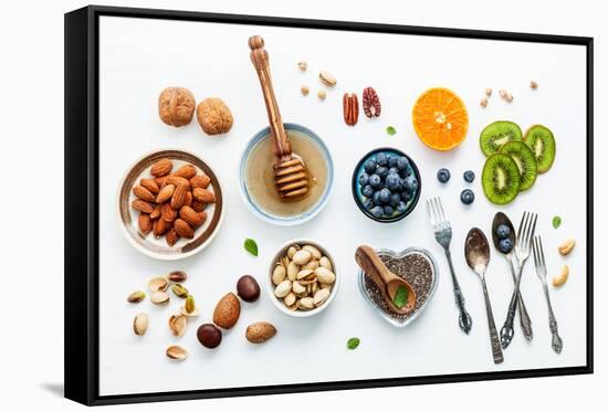 Ingredients for A Healthy Foods Background, Nuts, Honey, Berries, Fruits, Blueberry, Orange, Almond-Kerdkanno-Framed Stretched Canvas