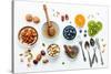 Ingredients for A Healthy Foods Background, Nuts, Honey, Berries, Fruits, Blueberry, Orange, Almond-Kerdkanno-Stretched Canvas