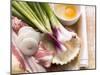 Ingredients for Tarte Flambée: Spring Onions, Bacon Slices, Yeast Dough, Egg-Eising Studio - Food Photo and Video-Mounted Photographic Print