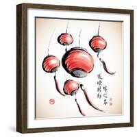 Ink Painting of Chinese Lantern with Greeting Calligraphy-yienkeat-Framed Art Print