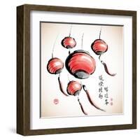 Ink Painting of Chinese Lantern with Greeting Calligraphy-yienkeat-Framed Art Print