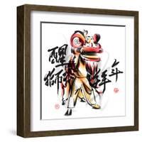 Ink Painting Of Chinese Lion Dance. Translation Of Chinese Text: The Consciousness Of Lion-yienkeat-Framed Art Print