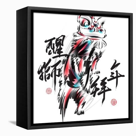 Ink Painting Of Chinese Lion Dance. Translation Of Chinese Text: The Consciousness Of Lion-yienkeat-Framed Stretched Canvas