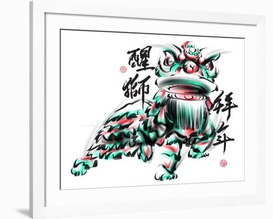 Ink Painting Of Chinese Lion Dance. Translation Of Chinese Text: The Consciousness Of Lion-yienkeat-Framed Art Print