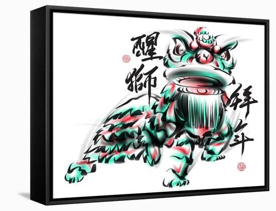 Ink Painting Of Chinese Lion Dance. Translation Of Chinese Text: The Consciousness Of Lion-yienkeat-Framed Stretched Canvas