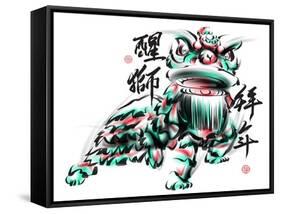 Ink Painting Of Chinese Lion Dance. Translation Of Chinese Text: The Consciousness Of Lion-yienkeat-Framed Stretched Canvas