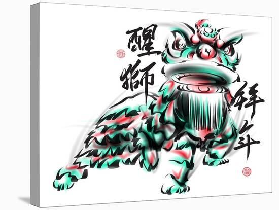 Ink Painting Of Chinese Lion Dance. Translation Of Chinese Text: The Consciousness Of Lion-yienkeat-Stretched Canvas