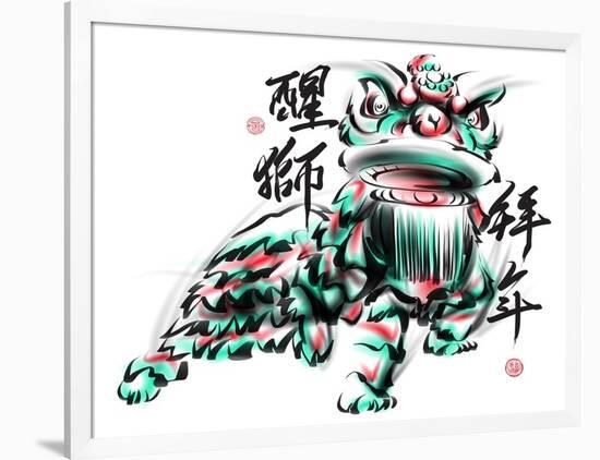 Ink Painting Of Chinese Lion Dance. Translation Of Chinese Text: The Consciousness Of Lion-yienkeat-Framed Art Print