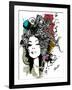 Ink Print with Girl and Decorative Hair for T-Shirt-A Frants-Framed Art Print