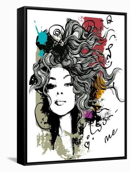 Ink Print with Girl and Decorative Hair for T-Shirt-A Frants-Framed Stretched Canvas