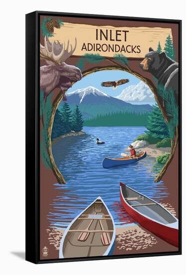 Inlet, New York - Adirondacks Canoe Scene-Lantern Press-Framed Stretched Canvas